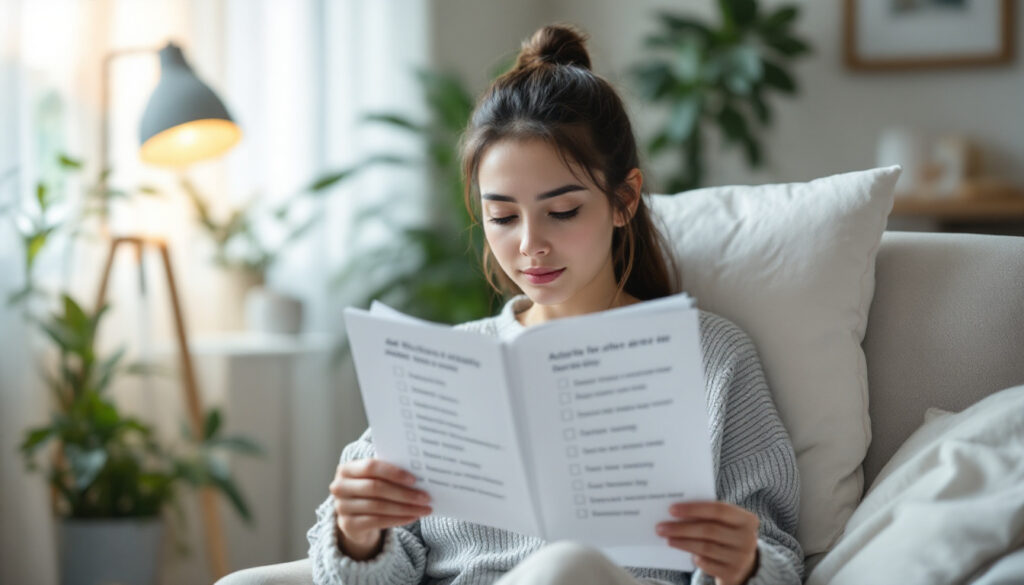 mujer con ropa casual leyendo papel en un ambiente relajado